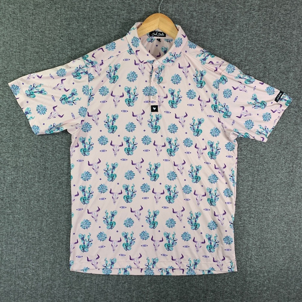 Bad Birdie Polo Shirt Men Large Pink Cactus Golf Geometric Performance Western